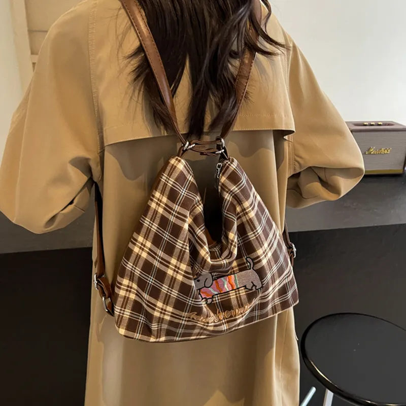 NOMK PU Stitched Canvas Underarm Backpack, Shoulder Bag Women's Brown-10