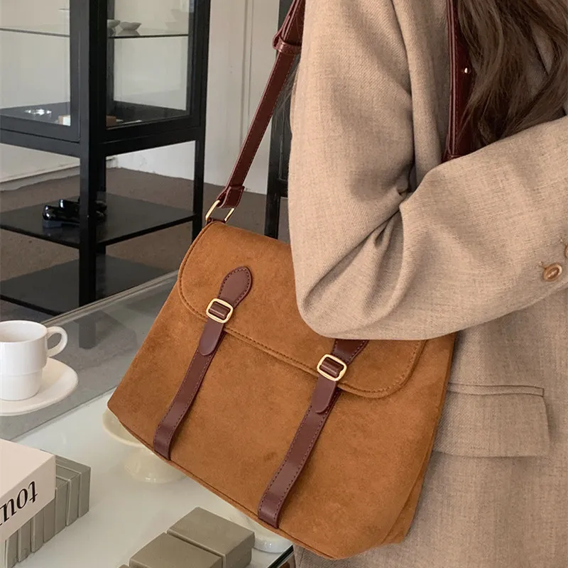 NOMK Suede Messenger Bag Shoulder Bag Crossbody Bag Women's Black & Khaki-6
