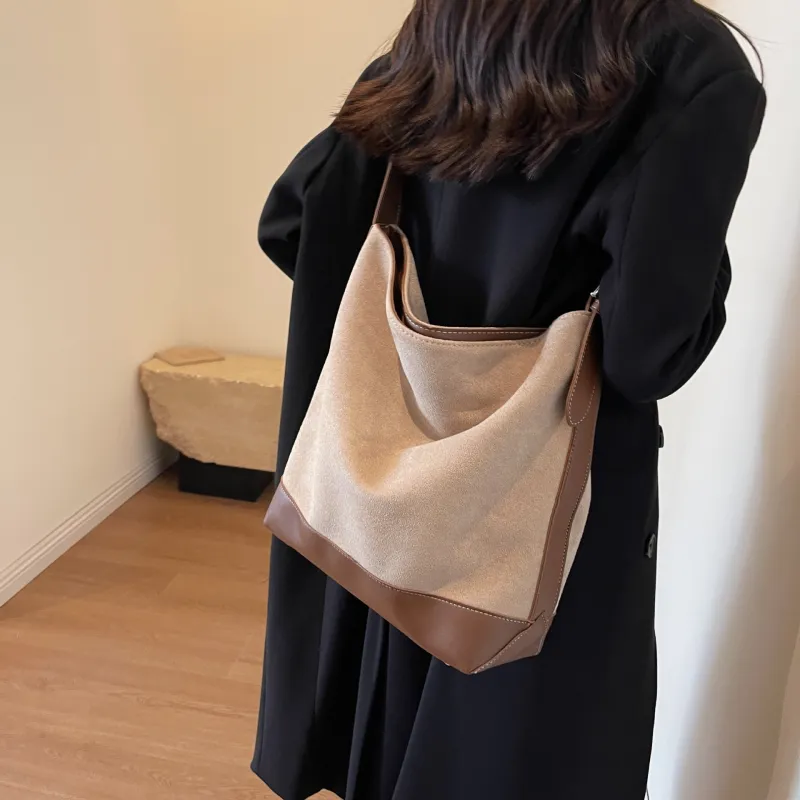 NOMK PU With Woolen Shoulder Bag Large Size Women's Black/Khaki/Coffee-8