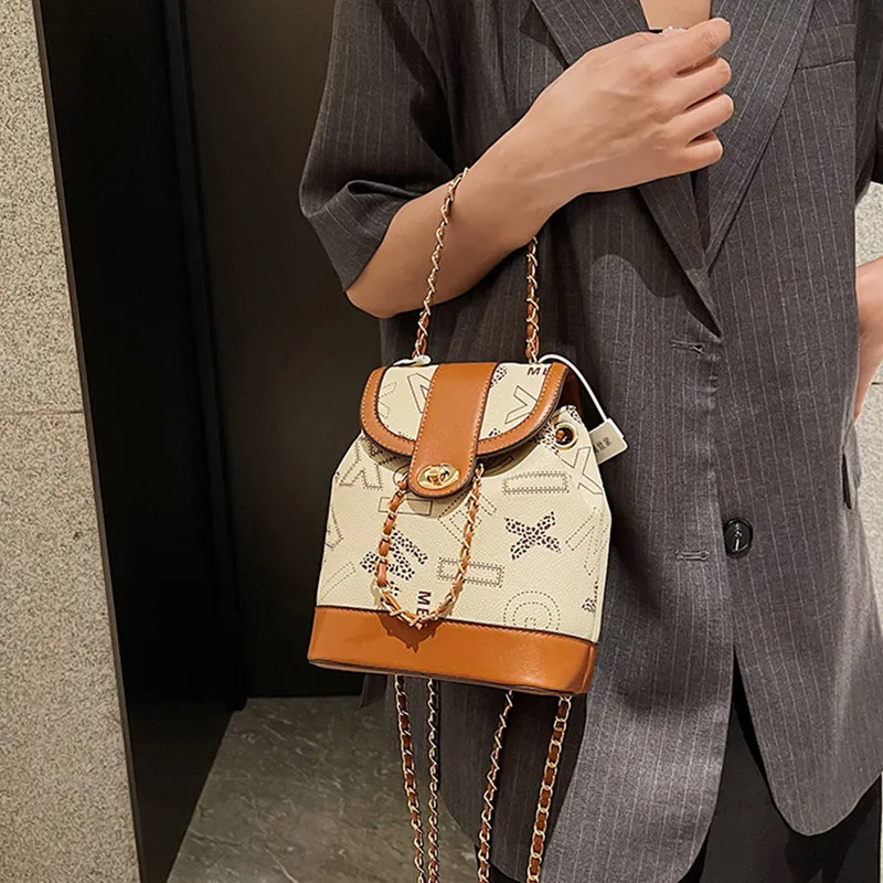 NOMK PU Chain Bag Handbag Bucket Bag One Shoulder Backpack Women's Brown-4