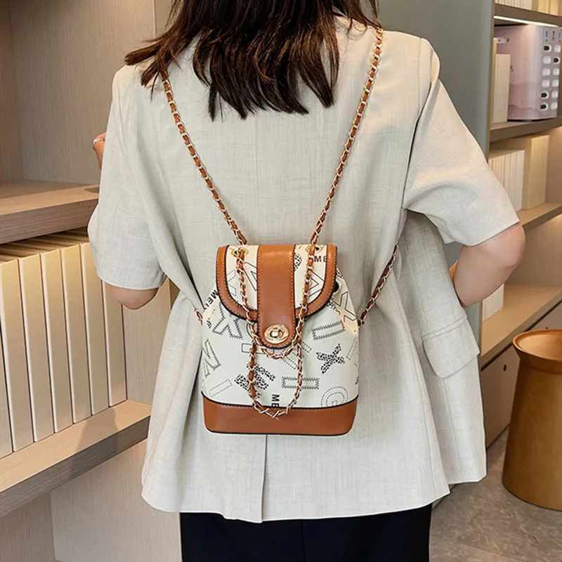NOMK PU Chain Bag Handbag Bucket Bag One Shoulder Backpack Women's Brown-5