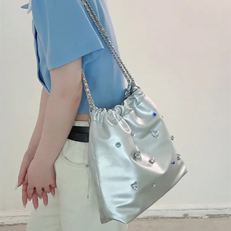 NOMK Leather Chain Bag Tote Bag Shopping Bag Bucket Bag Shoulder Bag Handbag Crossbody Bag Shoulder Bag Women's Silver-4