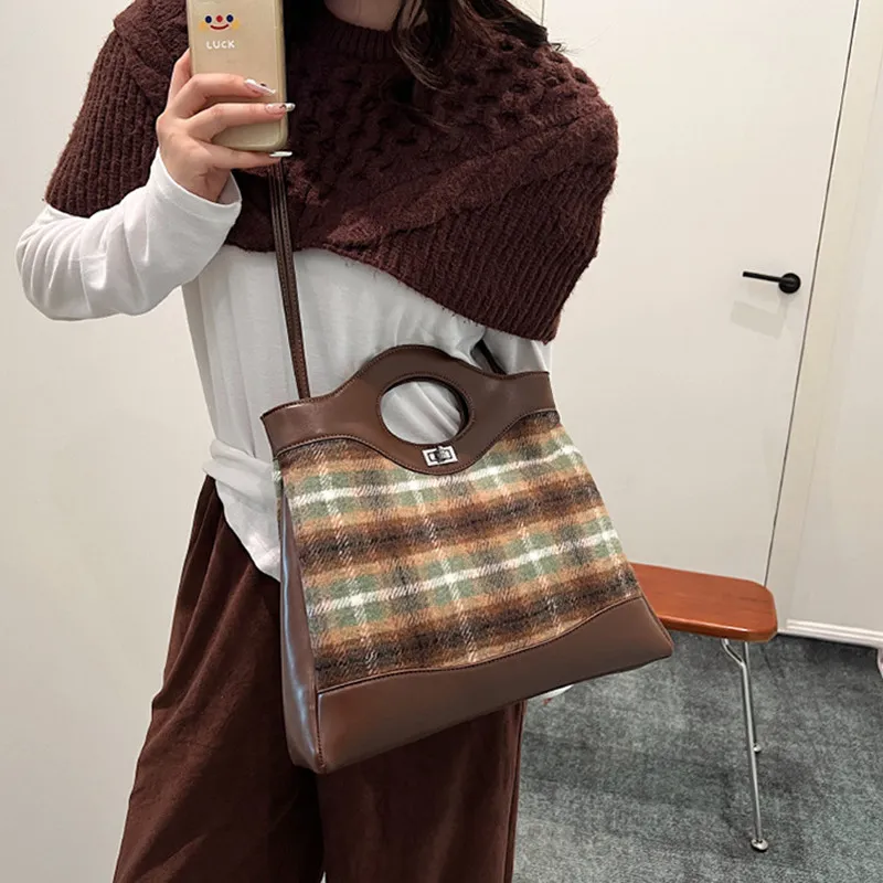 NOMK PU With Woolen Handbag Texture, Shoulder Bag, Crossbody Bag Medium Size Women's Brown Plaid/Red Plaid/Green Plaid-3