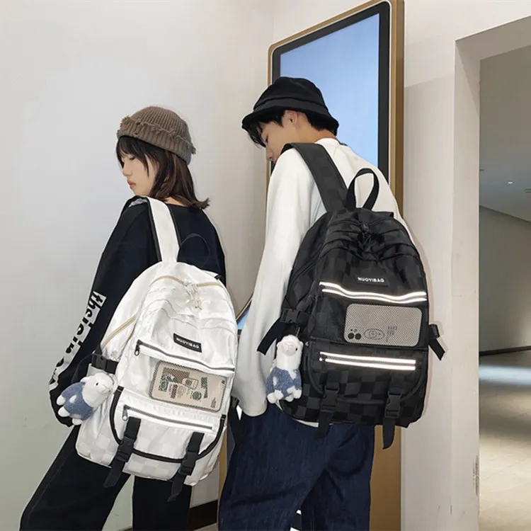 NOMK Nylon Backpack Regular Unisex White/Black/White Plaid/Black Plaid-8