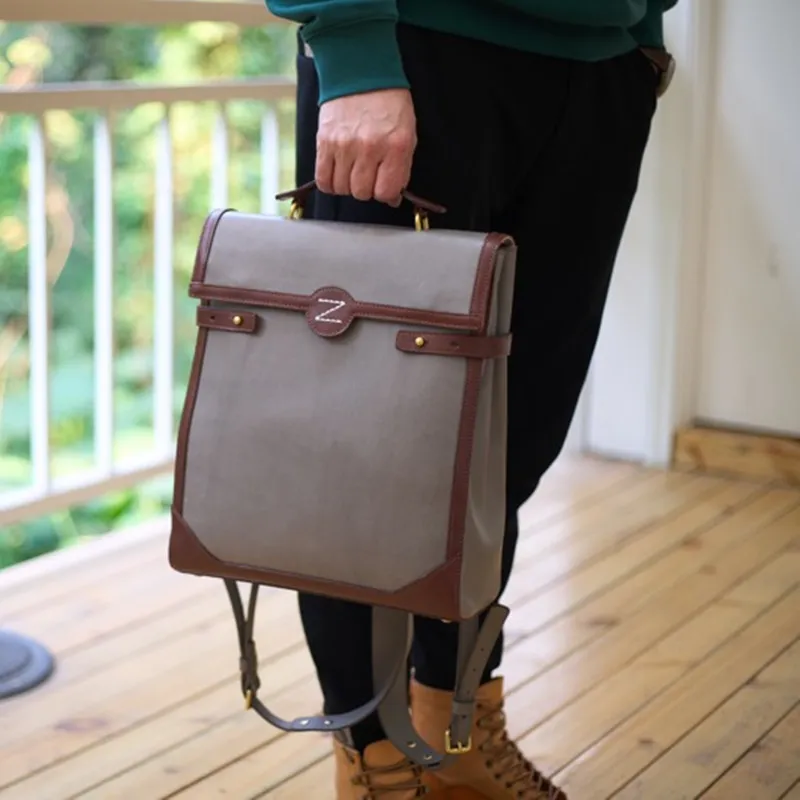 NOMK Cow Leather Genuine Top Grain Vegetable Tanned Leather Laptop Backpack Regular Unisex Morandi Gray/Dark Brown-5