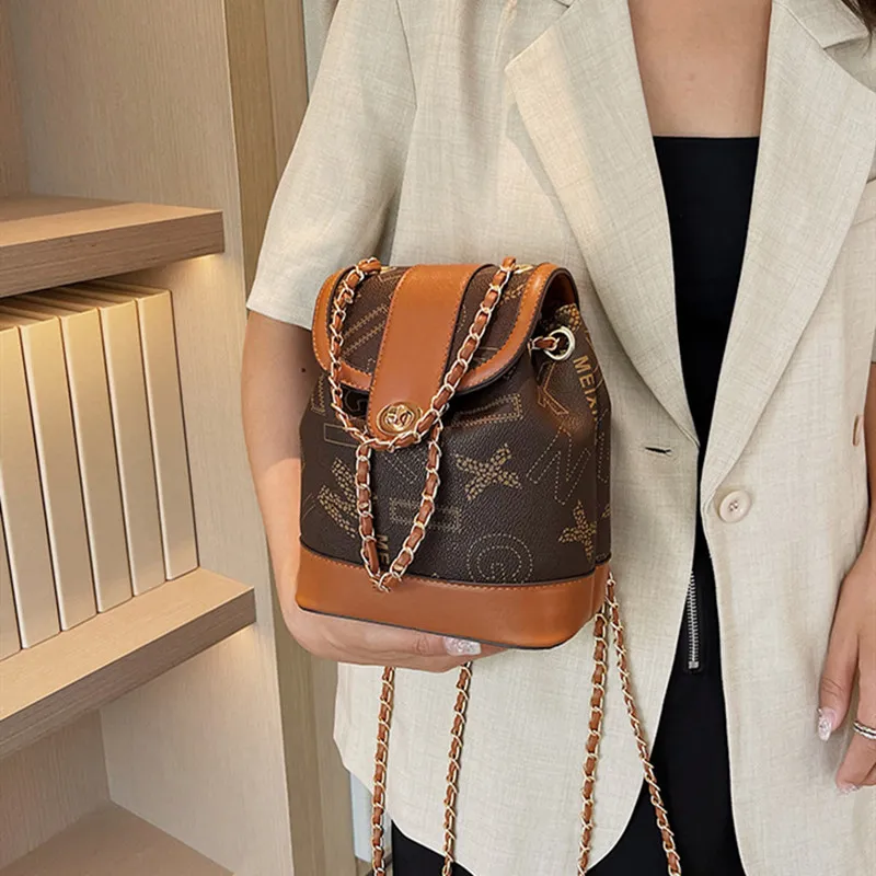 NOMK PU Chain Bag Handbag Bucket Bag One Shoulder Backpack Women's Brown-17