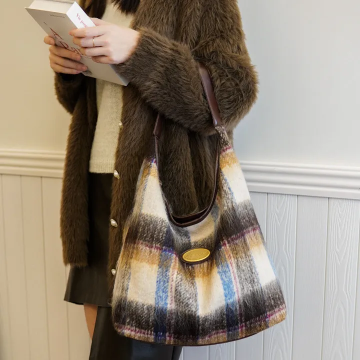 NOMK PU Tote Bag, Shopping Bag, Shoulder Bag Women's Caramel/Gray Plaid/Brown Plaid/Blue Plaid-9