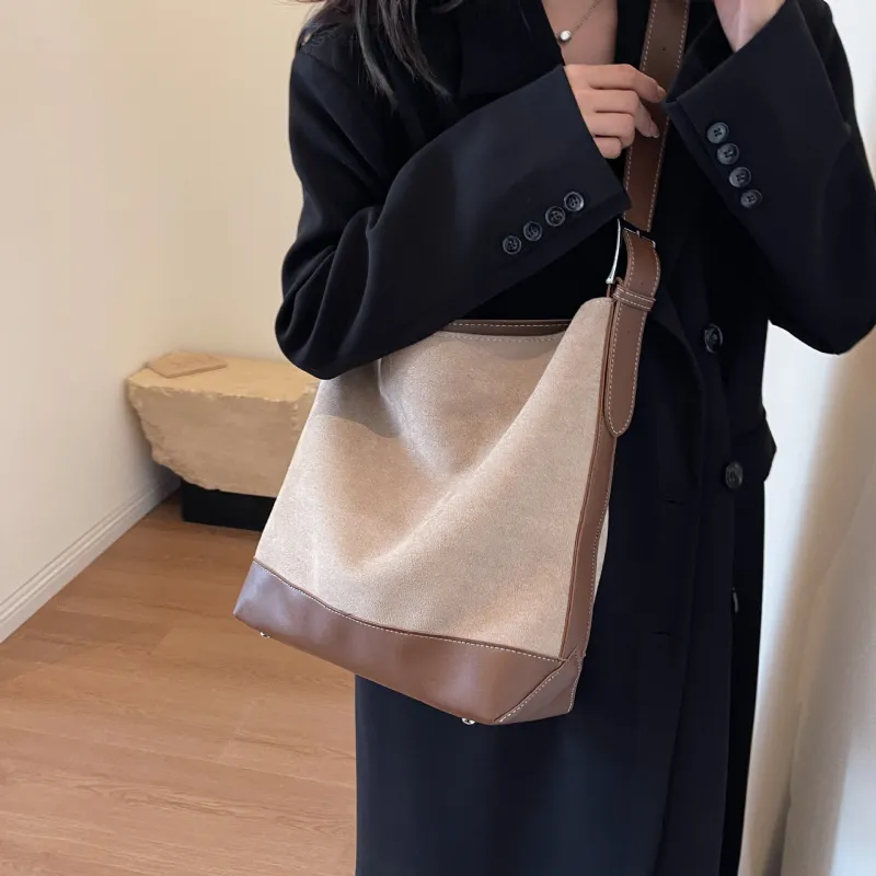 NOMK PU With Woolen Shoulder Bag Large Size Women's Black/Khaki/Coffee-11