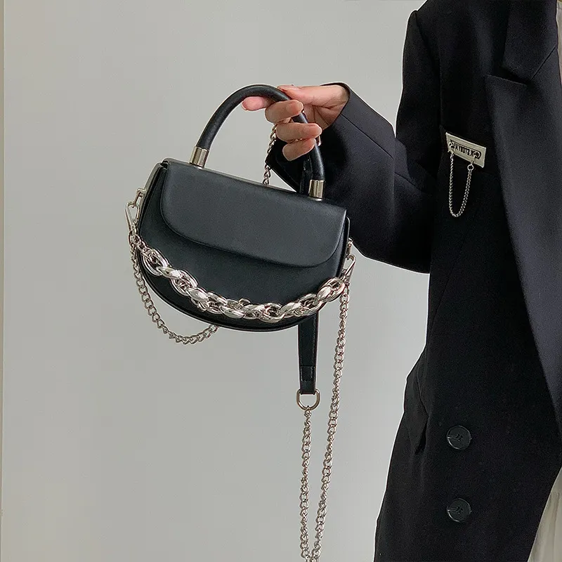 NOMK PU Saddle Bag, Chain Bag, Crossbody Bag, Small Square Bag, Shoulder Bag, Handbag Medium Size Women's Black-1