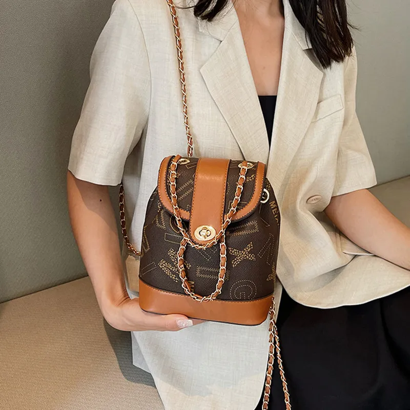 NOMK PU Chain Bag Handbag Bucket Bag One Shoulder Backpack Women's Brown-14