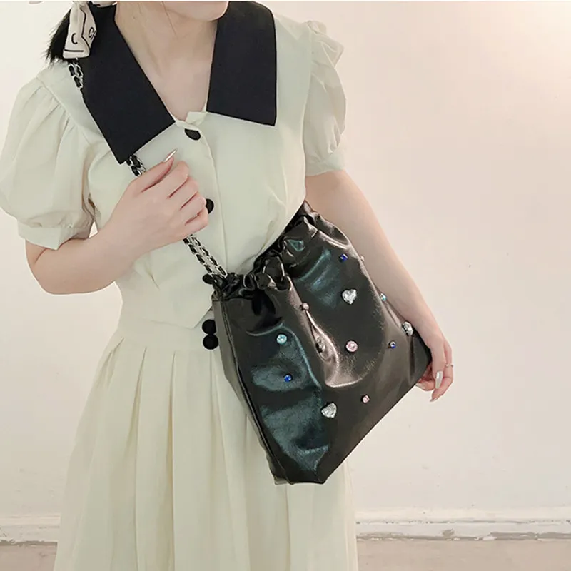NOMK Leather Chain Bag Tote Bag Shopping Bag Bucket Bag Shoulder Bag Handbag Crossbody Bag Shoulder Bag Women's Silver-12