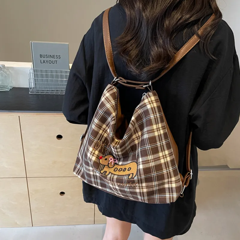 NOMK PU Stitched Canvas Underarm Backpack, Shoulder Bag Women's Brown-22