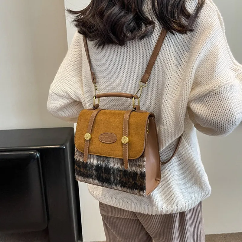 NOMK Woolen With PU Backpack Regular Women's Brown Plaid/Gray Plaid-1