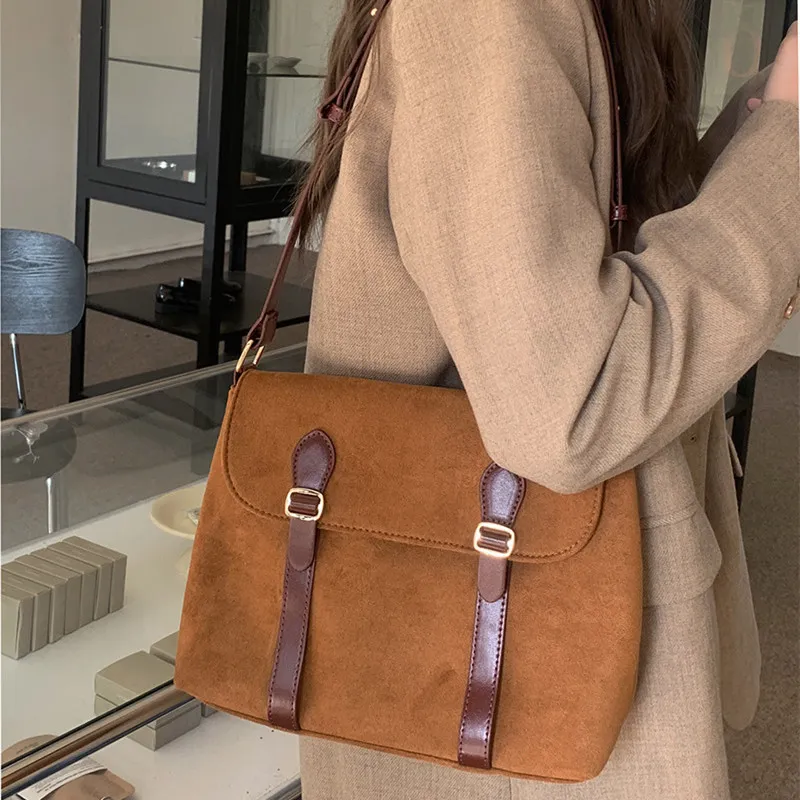NOMK Suede Messenger Bag Shoulder Bag Crossbody Bag Women's Black & Khaki-7