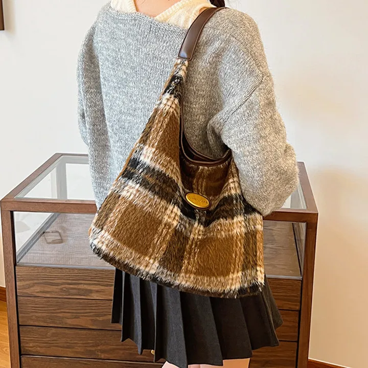 NOMK PU Tote Bag, Shopping Bag, Shoulder Bag Women's Caramel/Gray Plaid/Brown Plaid/Blue Plaid-7