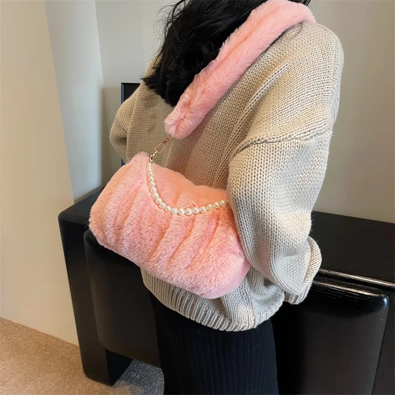 NOMK Plush Leather Fur Shoulder Bag Small Square Bag Regular Women's Ecru/Pink/Black/Brown-2