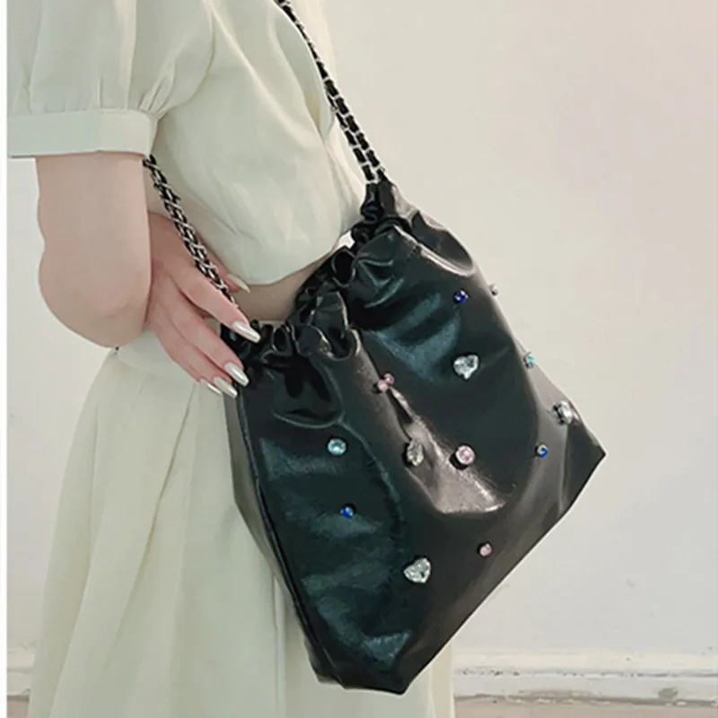 NOMK Leather Chain Bag Tote Bag Shopping Bag Bucket Bag Shoulder Bag Handbag Crossbody Bag Shoulder Bag Women's Silver-13
