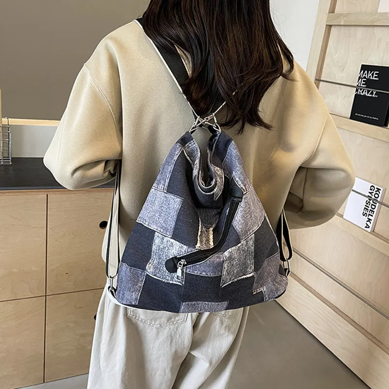 NOMK Denim Backpack, Underarm Shoulder Bag, Crossbody Bag Women's Blue/Brick Red/Dark Tea-11
