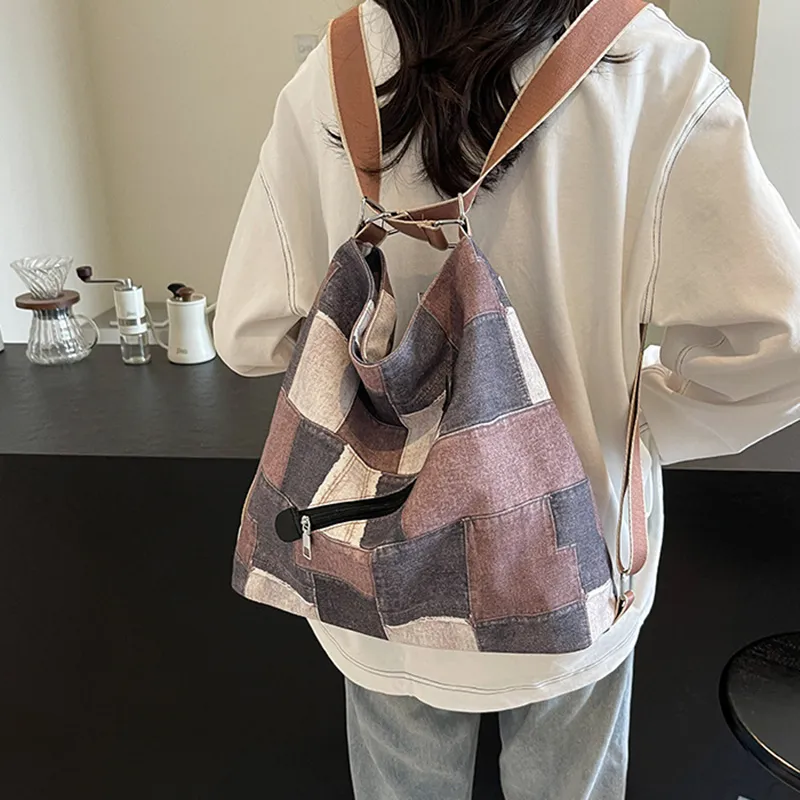 NOMK Denim Backpack, Underarm Shoulder Bag, Crossbody Bag Women's Blue/Brick Red/Dark Tea-6