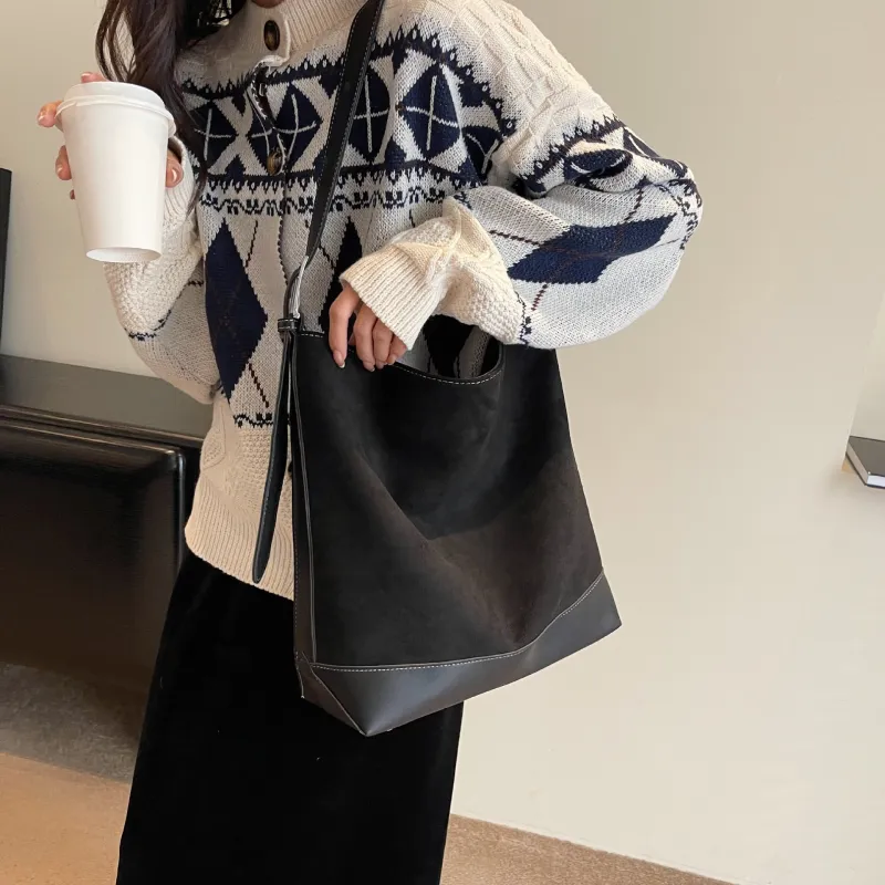 NOMK PU With Woolen Shoulder Bag Large Size Women's Black/Khaki/Coffee-2