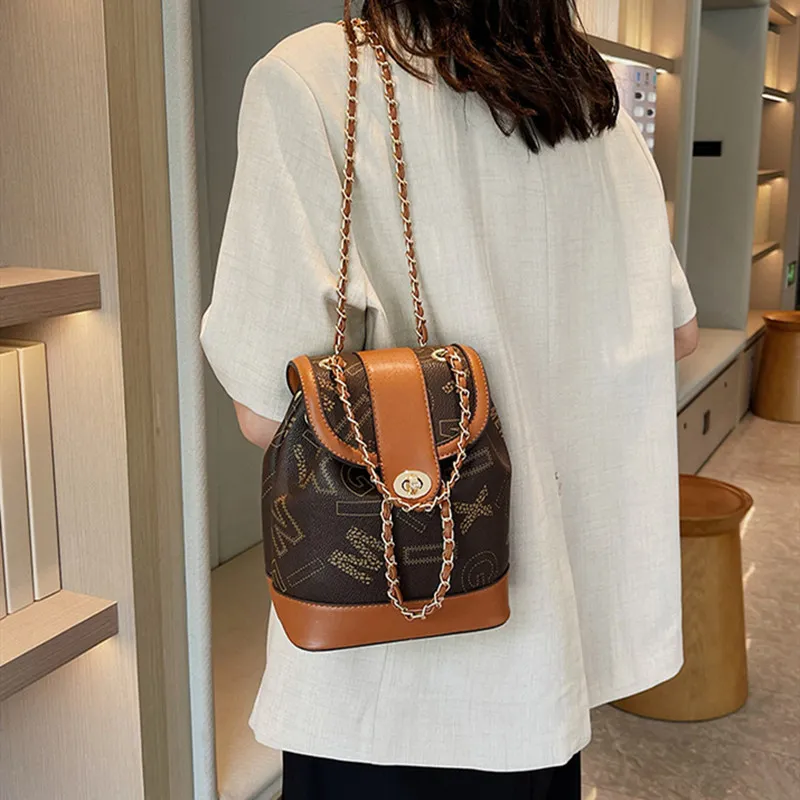 NOMK PU Chain Bag Handbag Bucket Bag One Shoulder Backpack Women's Brown-16