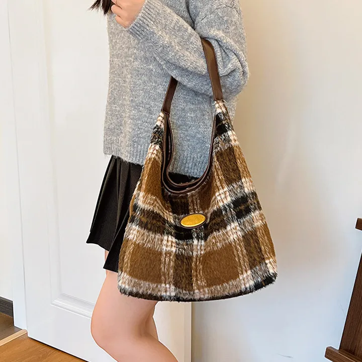 NOMK PU Tote Bag, Shopping Bag, Shoulder Bag Women's Caramel/Gray Plaid/Brown Plaid/Blue Plaid-6