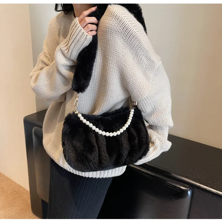 NOMK Plush Leather Fur Shoulder Bag Small Square Bag Regular Women's Ecru/Pink/Black/Brown-11