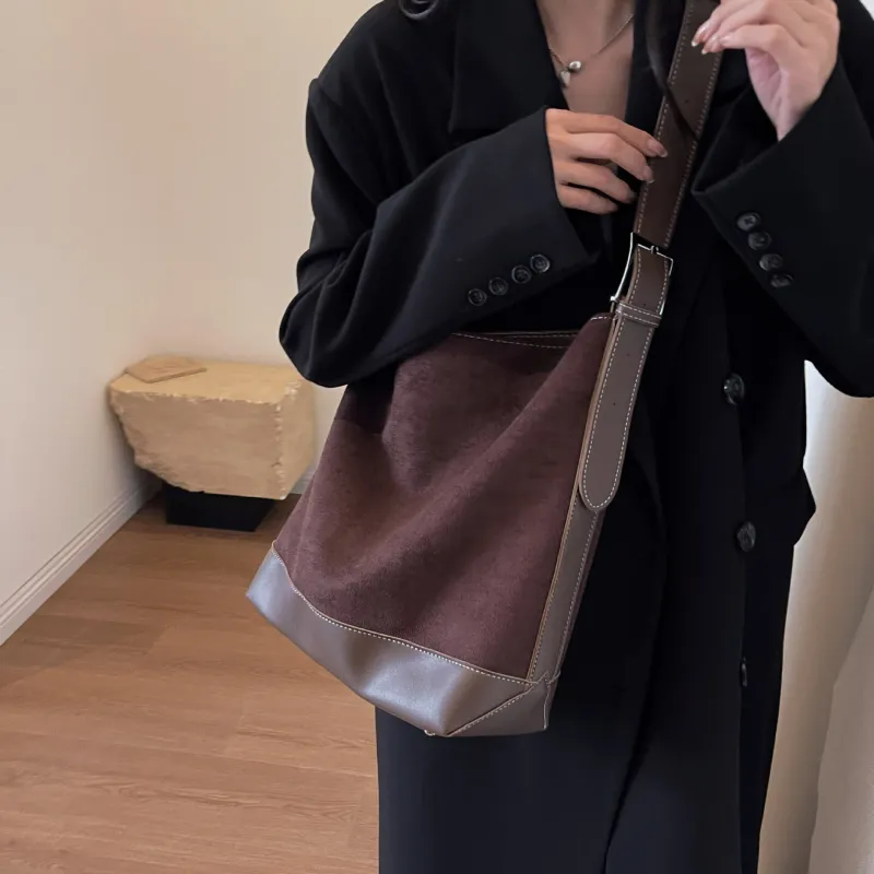 NOMK PU With Woolen Shoulder Bag Large Size Women's Black/Khaki/Coffee-16