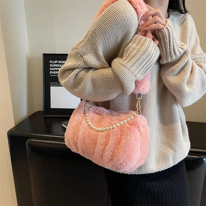 NOMK Plush Leather Fur Shoulder Bag Small Square Bag Regular Women's Ecru/Pink/Black/Brown-3