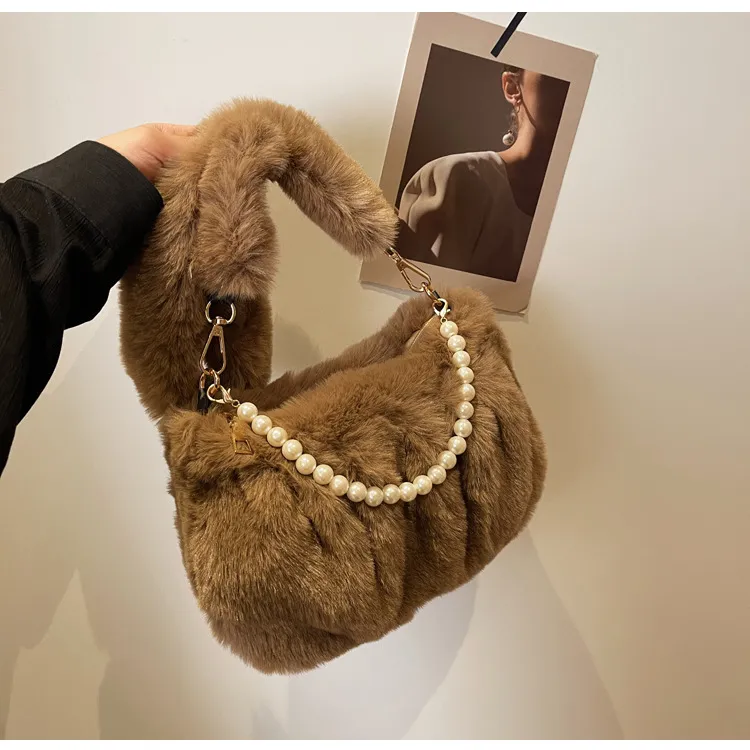 NOMK Plush Leather Fur Shoulder Bag Small Square Bag Regular Women's Ecru/Pink/Black/Brown-19