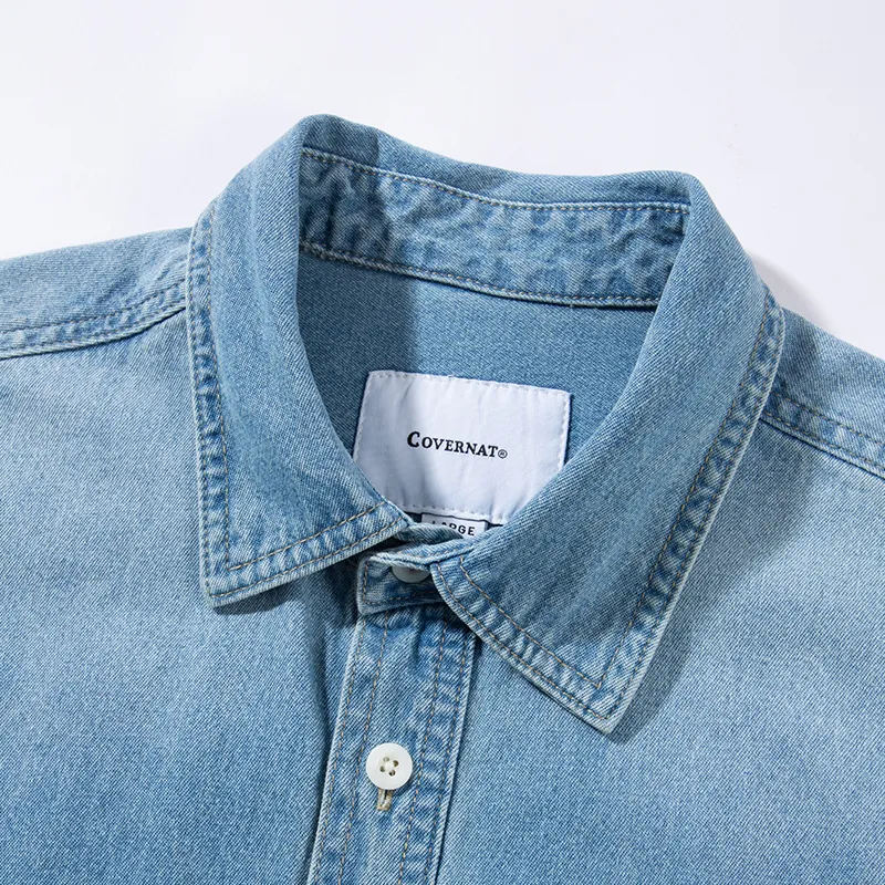 COVERNAT C Logo Letter Embroidery Casual Long Sleeved Denim Shirt Unisex Bright Blue-2