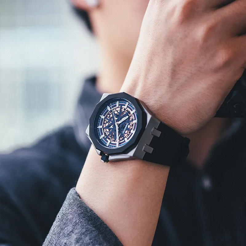 TIMEMATRIX Wrist Watch Mechanical Movement Silicone Strap Black Dial Men's Watches-7