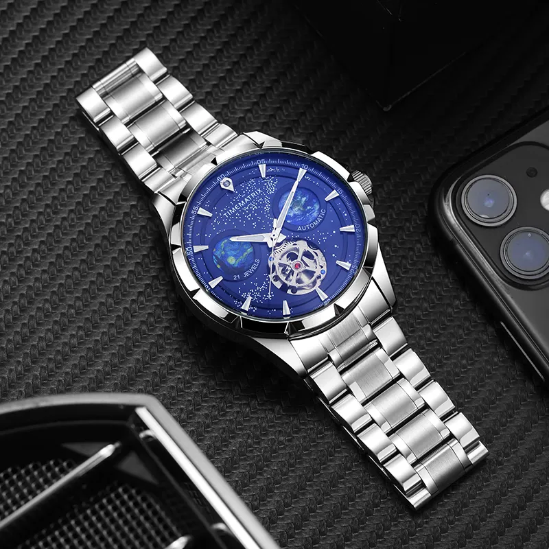 TIMEMATRIX Wrist Watch Automatic Mechanical Movement Stainless Steel Watchband Blue Dial Men's Watches TMX8319-2
