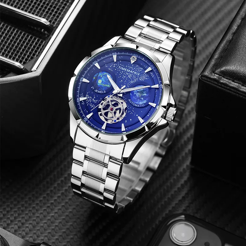 TIMEMATRIX Wrist Watch Automatic Mechanical Movement Stainless Steel Watchband Blue Dial Men's Watches TMX8319-1