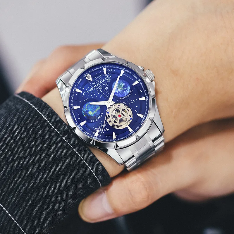 TIMEMATRIX Wrist Watch Automatic Mechanical Movement Stainless Steel Watchband Blue Dial Men's Watches TMX8319-3