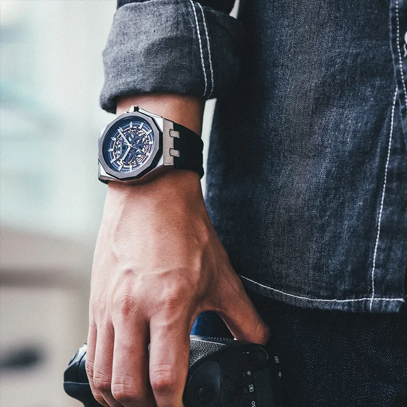 TIMEMATRIX Wrist Watch Mechanical Movement Silicone Strap Black Dial Men's Watches-5