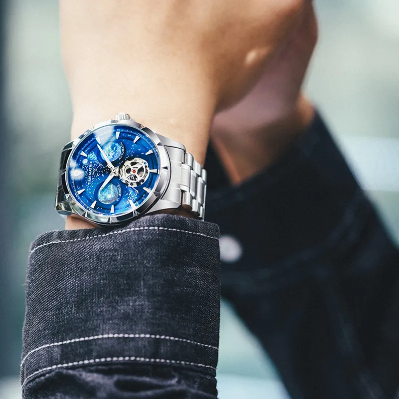 TIMEMATRIX Wrist Watch Automatic Mechanical Movement Stainless Steel Watchband Blue Dial Men's Watches TMX8319-6