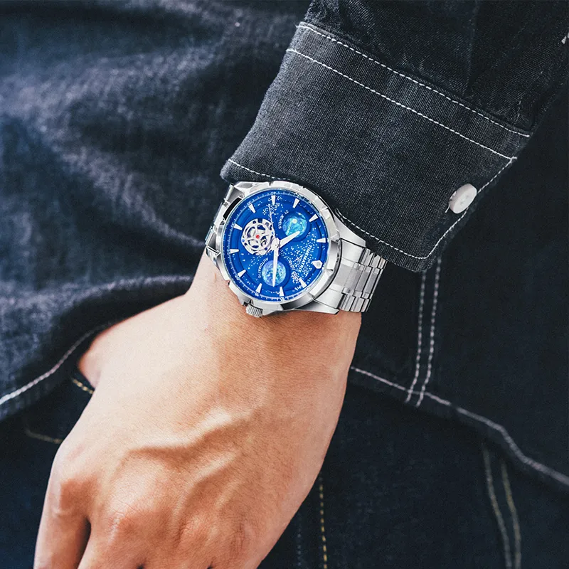 TIMEMATRIX Wrist Watch Automatic Mechanical Movement Stainless Steel Watchband Blue Dial Men's Watches TMX8319-4