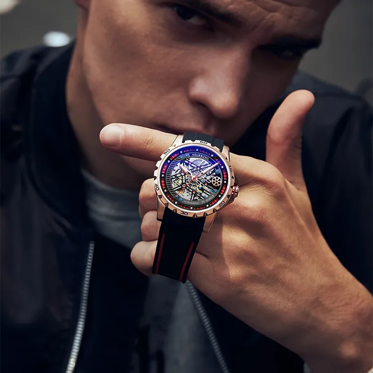 STARKING Automatic Mechanical Movement Rubber Strap Watch Men's Watches Black Dial-3