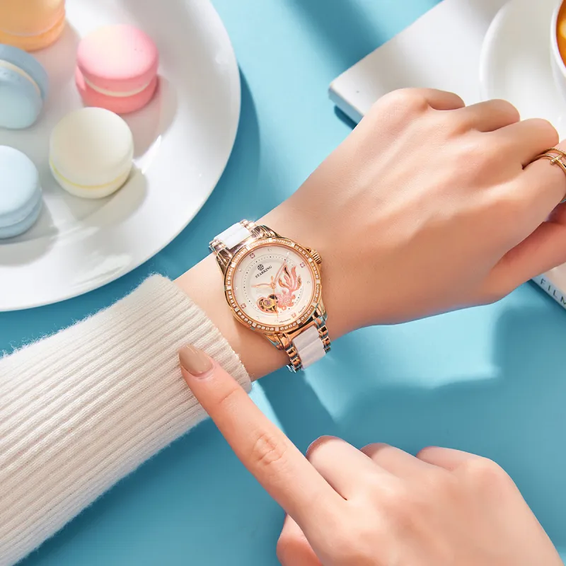 STARKING Koi Fish Collection Automatic Mechanical Movement Ceramic Strap Watch Women's Watch White Dial-3