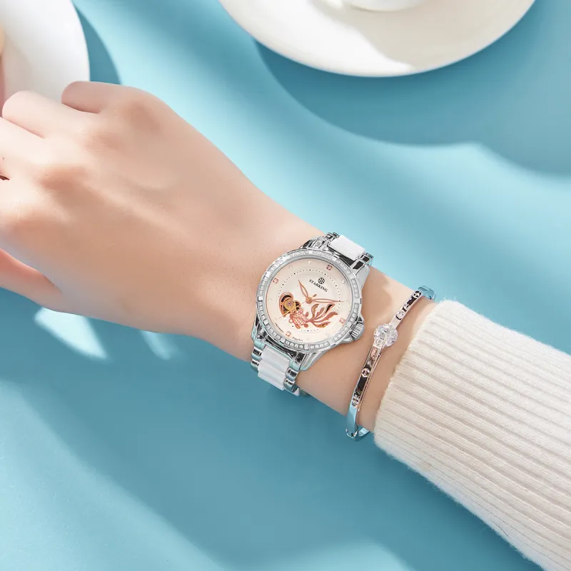 STARKING Koi Fish Collection Automatic Mechanical Movement Ceramic Strap Watch Women's Watch White Dial-9