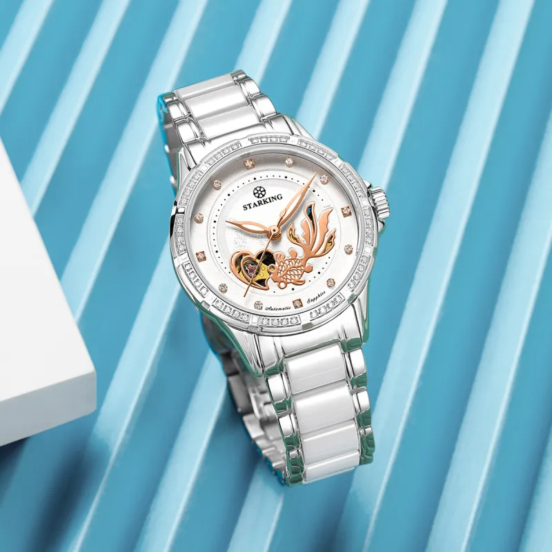 STARKING Koi Fish Collection Automatic Mechanical Movement Ceramic Strap Watch Women's Watch White Dial-10