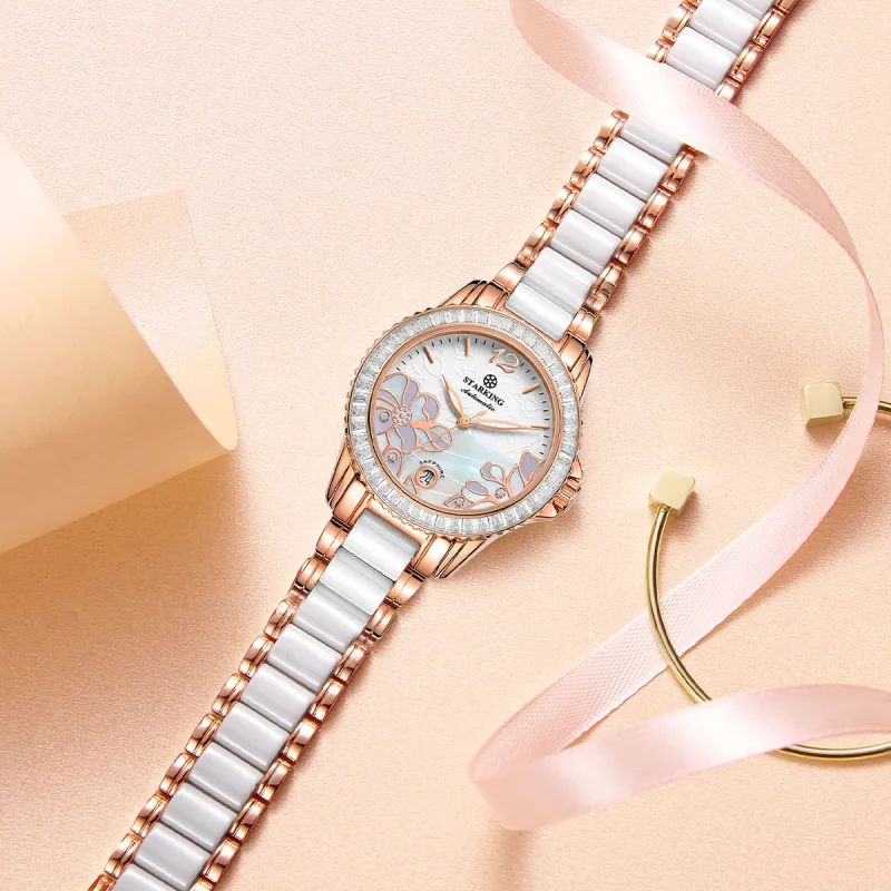 STARKING Bloom Collection Mechanical Movement Ceramic Strap Watch Women's Watch White Dial-2