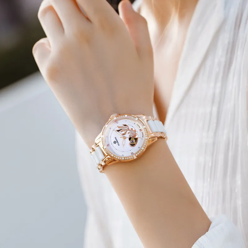 STARKING Koi Fish Collection Automatic Mechanical Movement Ceramic Strap Watch Women's Watch White Dial-5
