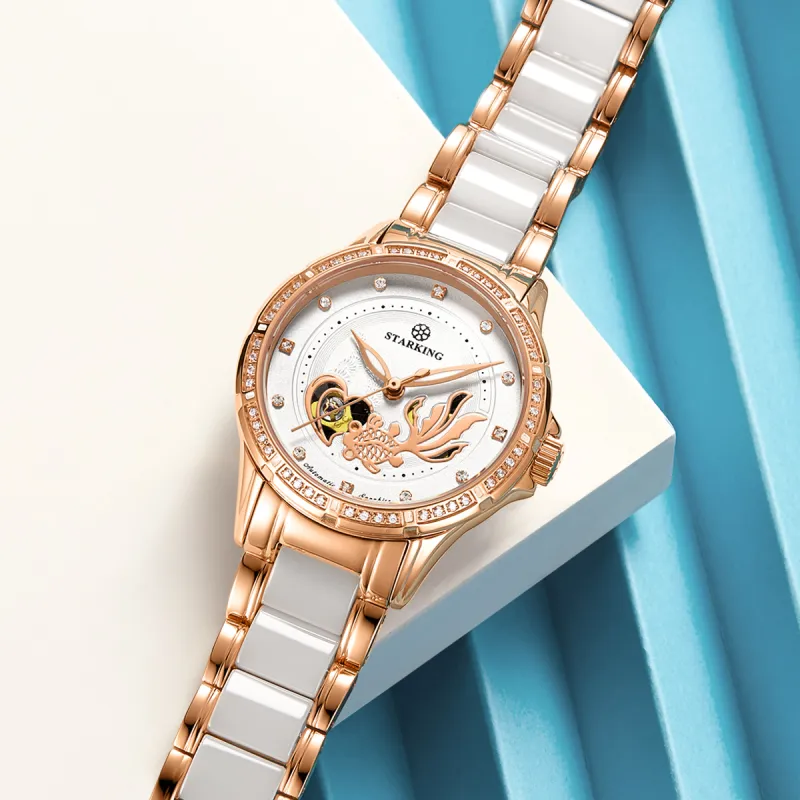 STARKING Koi Fish Collection Automatic Mechanical Movement Ceramic Strap Watch Women's Watch White Dial-4