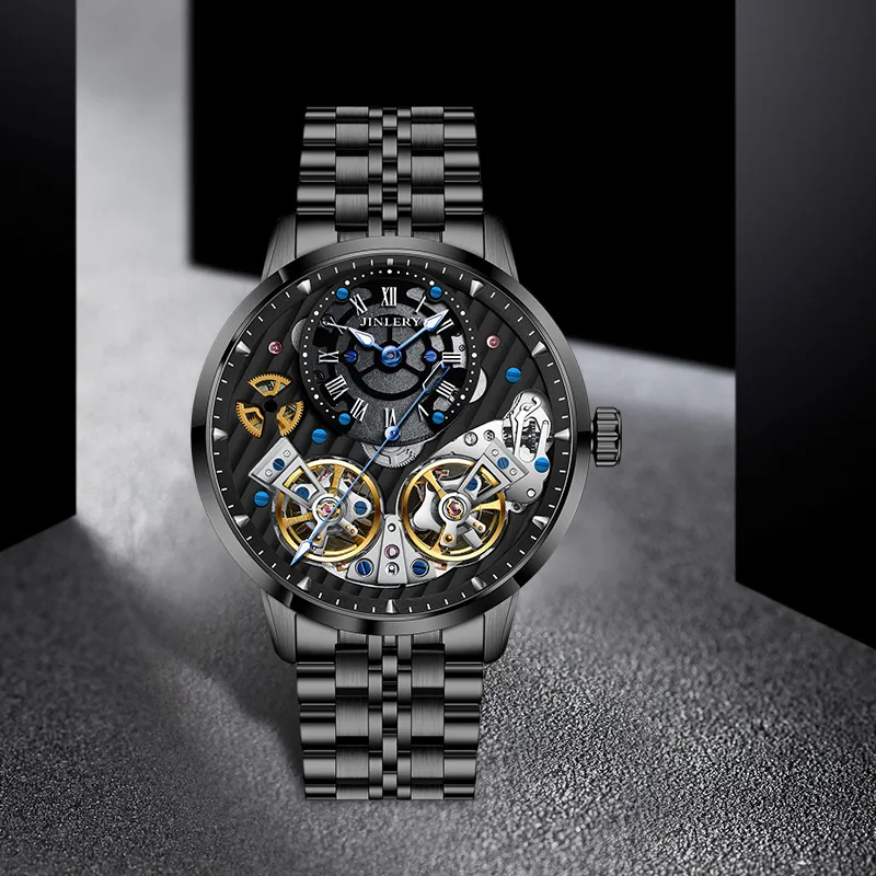 JINLERY Double Fly Reel Collection Automatic Mechanical Movement Watch Men's Watches Silver Dial-21