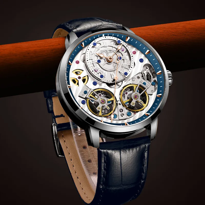 JINLERY Double Fly Reel Collection Automatic Mechanical Movement Watch Men's Watches Silver Dial-7