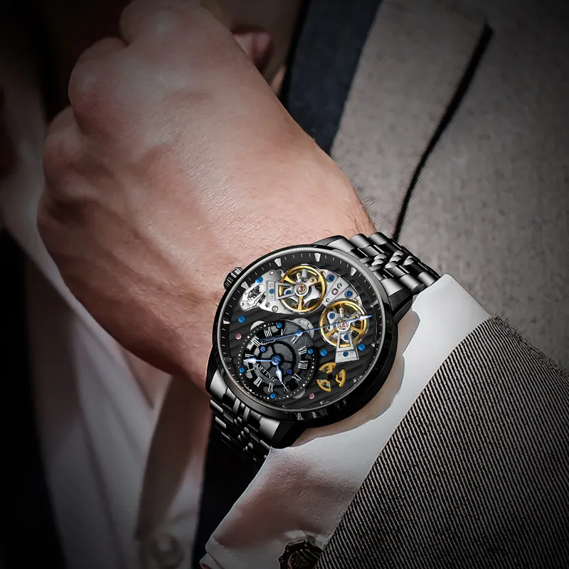 JINLERY Double Fly Reel Collection Automatic Mechanical Movement Watch Men's Watches Silver Dial-15