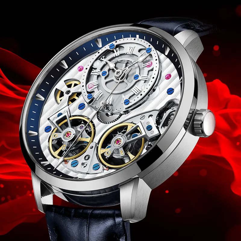 JINLERY Double Fly Reel Collection Automatic Mechanical Movement Watch Men's Watches Silver Dial-4