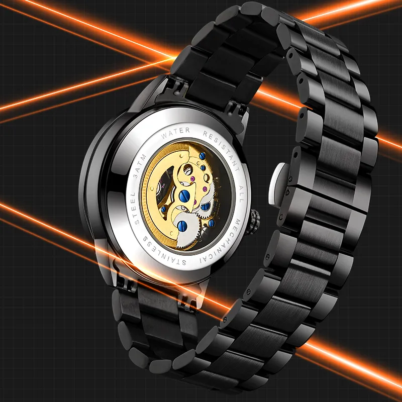 JINLERY Automatic Mechanical Movement Stainless Steel Watchband Watch Men's Watches Black Dial-6